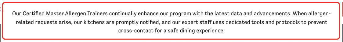 Red Robin allergen detail: When allergen-related requests arise, our kitchens are promptly notified, and our expert staff uses dedicated tools and protocols to prevent cross-contact.