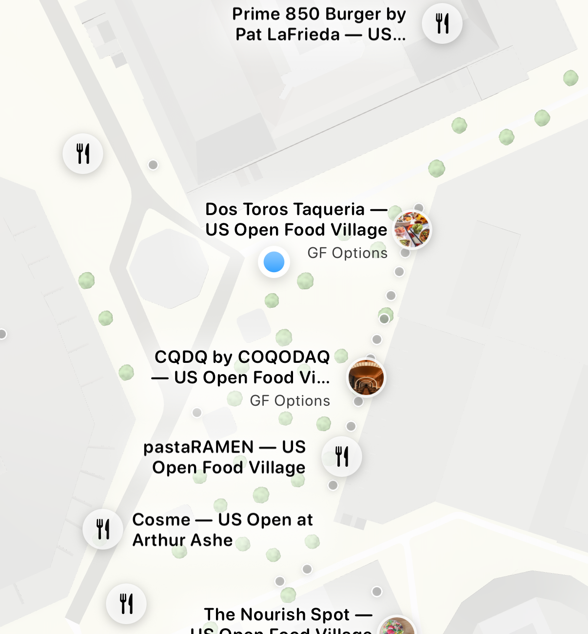 Sansglu map of every food stand at the US Open with gluten-free safety pins
